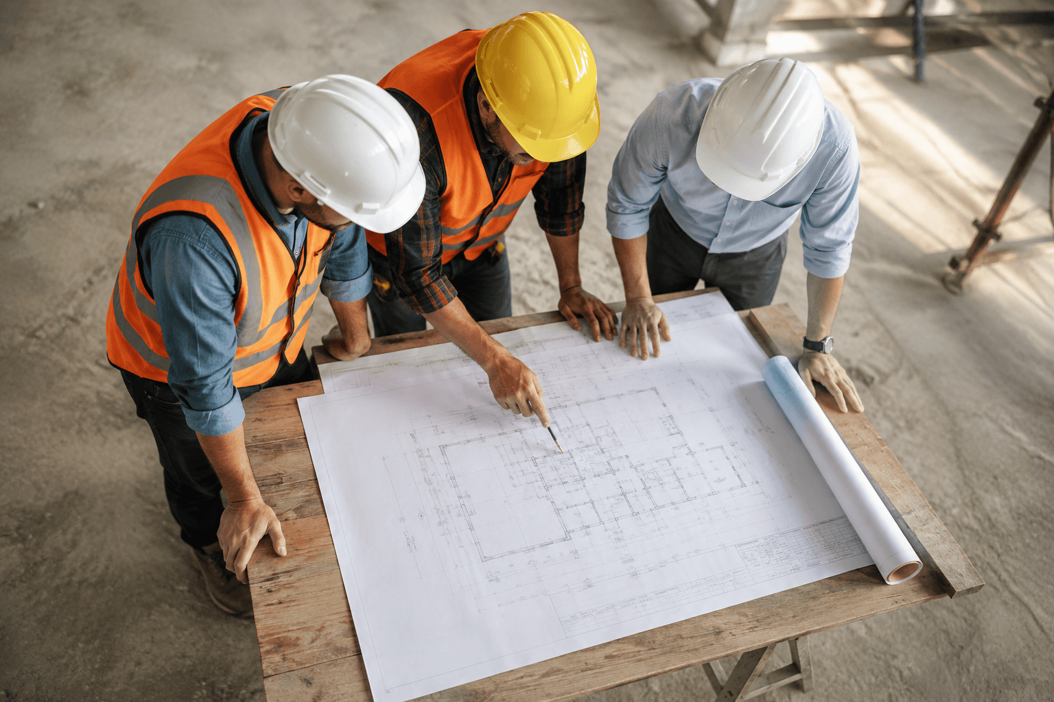 Superintendent and project team reviewing plans on site